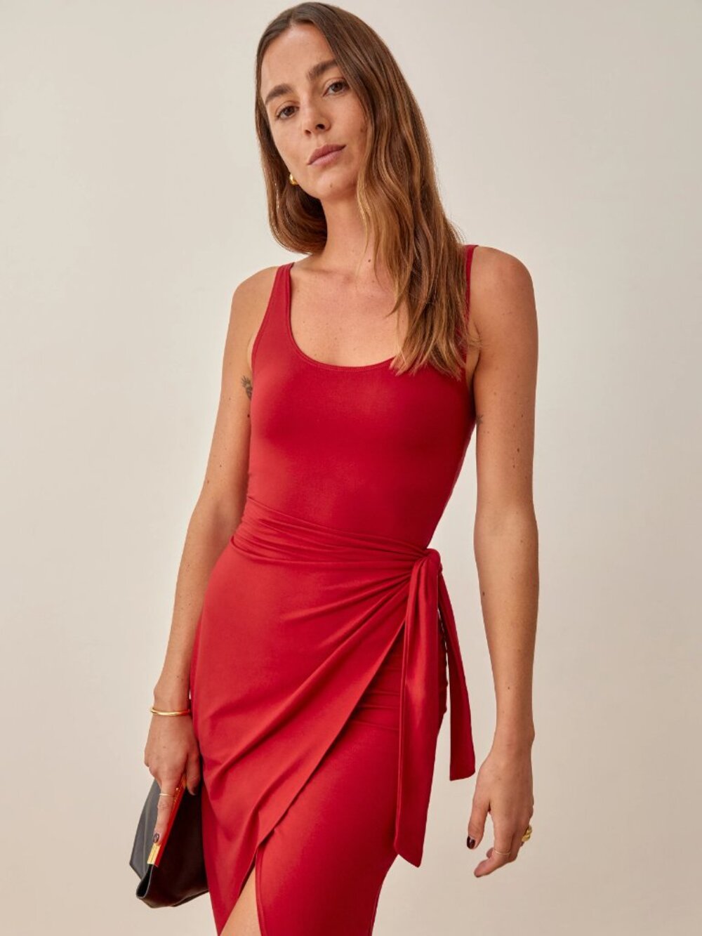 Reformation Red Sleeveless Wrap-Style Midi Dress